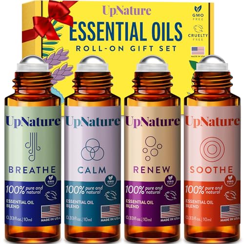 UpNature Essential Oil Roll On Gift Set (4 Pack) Self Care Gifts for Women – Stocking Stuffers for Women Relaxation Pack Including Breathe, Calm, Soothe & Renew Essential Oils