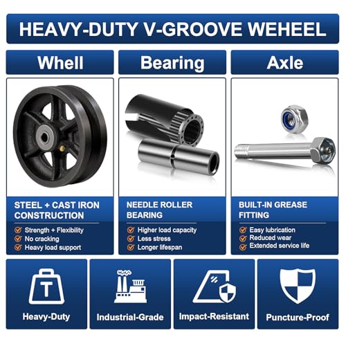 Image of 6 inch x 2 inch V-Groove Steel Wheel, 7 /8 inch Wide 90 Groove Fits 1 inch Angle Iron Track, Heavy Duty Industrial Track Wheel with Relief Groove, High Load Capacity(2 Pack)