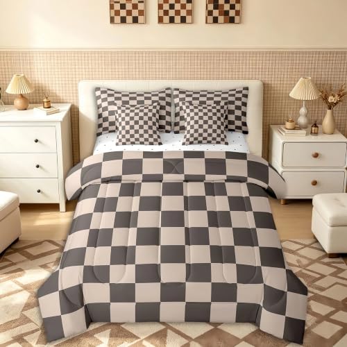 Image of Feelyou Checkered Retro 7 Piece Bedding Set Teen Women Men Gradient Brown Plaid Comforter Set with Sheets Full Size Kids Boys Geometric Vintage Bed in a Bag Modern Simple Groovy Aesthetic Room Decor