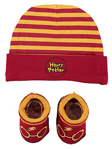 Image of Harry Potter Baby Boys Cap and Bootie Set - Baby Gift Set with Hat and Socks for 0-12 Months (Yellow/Red, 0-12Months)