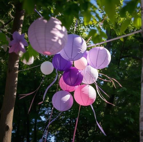 Image of Purple Pink Paper Lanterns Decorative 15pcs Party Hanging Decorations for Bachelorette Wedding Birthday Baby Shower Graduation Anniversary Lavender Themed Room Decor