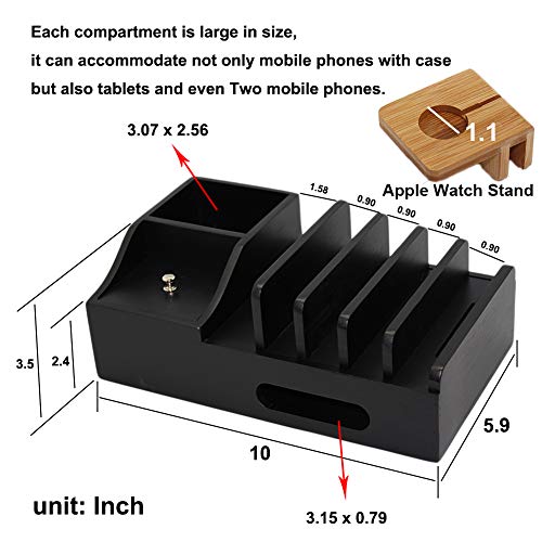 Bamboo Charging Station for Multiple Devices, Bedside Organizer Holder for Cell Phone, Tablet and Watch, Office Desktop Wood Storage Box for Pen, Key, Remote (Not USB Charger) - Pezin & Hulin
