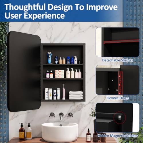 Image of ACEMIRO 24x30 Inch Bathroom Medicine Cabinet with Mirror Black Metal Framed Farmhouse Recessed or Surface Wall Mounted Black Medicine Cabinets for Bathroom