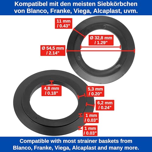 Universal Dichtungen für Siebkörbchen, 2 Stück, in Schwarz, aus Gummi, Siebkorbdichtung mit Ø 54,5 mm außen, Ø 32,8 mm innen, 4,8 mm Dicke, Spülbecken Siebkorb Dichtring Reparatur, Dichtungsring Spüle
