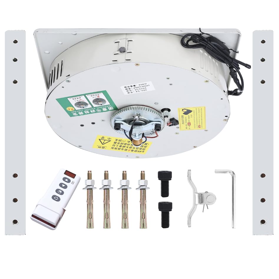 Huiye Chandelier Lift System components including the main lift unit, remote control, mounting bolts, and steel bars.