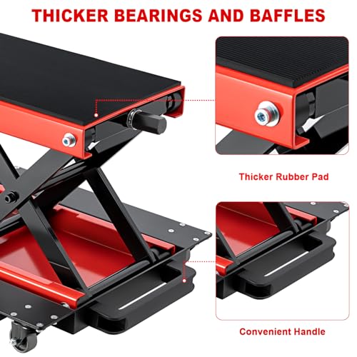 Image of CXRCY1200 LBS Motorcycle Jack with Dolly, Motorcycle Lift Scissor Jack Upgraded Dirt Bike ATV Steel Motorcycle Hoist Stand with Ratchet Wrench,Crank Handle,Thickened Rubber Pad,Wide Deck