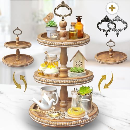 [3-in-1] Wooden Tiered Tray Stand - Beaded 3 Tiered Tray Decor Wo...