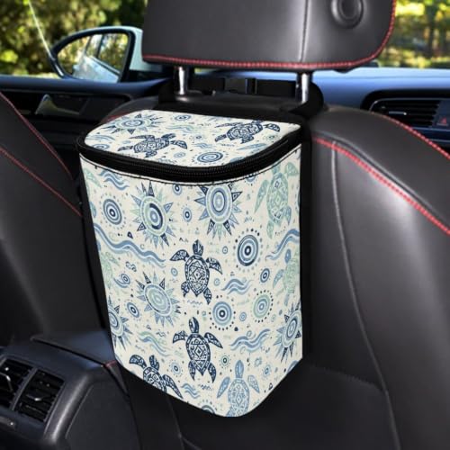 Image of Talayituse Bohemian Sea Turtle Pattern Car Trash Can with Lid, Leak Proof Auto Trash Bag Hanging Vehicle Garbage Can Multipurpose Storage Container for Back Seat Road Trip