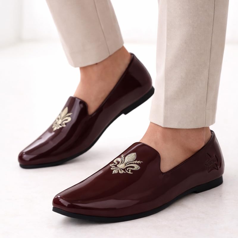 Image of FAUSTO Men's Patent Glossy Ethnic Embroidered Design Slip On Shiny Juttis & Mojaris for Party|Wedding|Festival