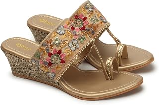 DIPYO Floral Embroidered Ethnic Wedge Heel Slip-On Sandals for Women (Golden, Pink) Price In India