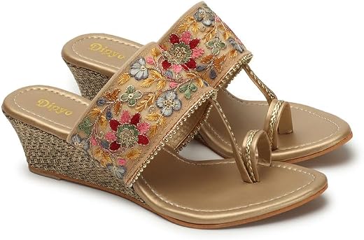 DIPYO Floral Embroidered Ethnic Wedge Heel Slip-On Sandals for Women (Golden, Pink)