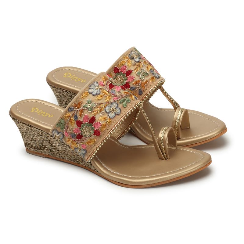 Floral Embroidered Ethnic Wedge Heel Slip-On Sandals for Women (Golden, Pink)-image-32