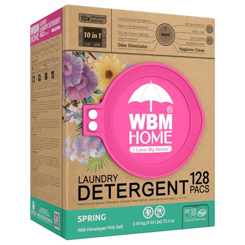 WBM Laundry Detergent Pods, Spring Fragrance Scent, 128 Count - HE Concentrated Laundry Pods With 10x Ultrapower Cleaning and 4D Laundry Stain Remover