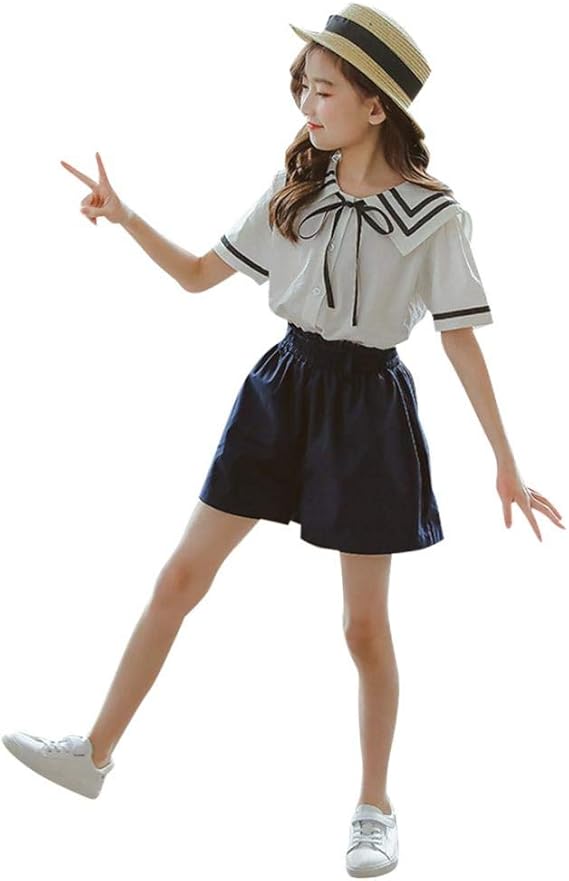 Amazon Aculldo セットアップ 子供服 女の子 夏服 ショートパンツ 半袖 シャツ セーラー服 ブラウス トップス 上下セット 2点セット 子供 ガールズ 可愛い カジュアル 普段着 150 シャツ ブラウス 通販