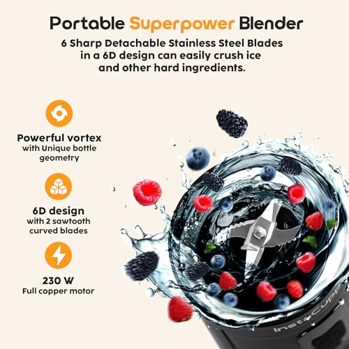 Image of InstaCuppa Portable Blender Bottle, Long Lasting 6000 mAh Battery with Fast Charging, LED Display for Battery Status & 40-Second Blend Timer, Sipper Lid & Detachable Bottom Cap, 230 Watts, 600 ML