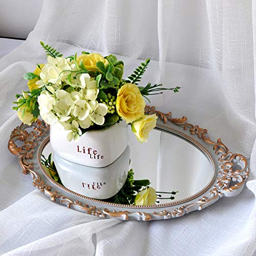 Yamfurga Oval Decorative Mirror Tray, French Style Flower Frame, Makeup Organizer, Jewelry Organizer, Serving Tray, 9.8