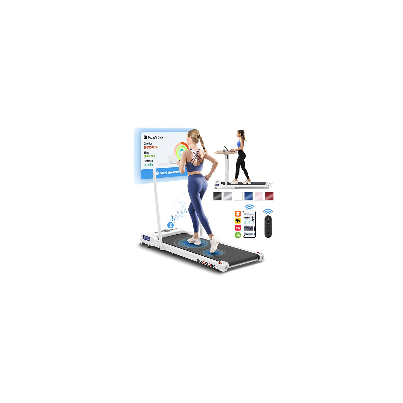 BLACK LORD Walking Pad with Handle, Foldable Under Desk Treadmills for Home, LED Display, Bluetooth Speaker, Remote Control, Electric Running Machine, 120KG Loads, 1-12km/h, for Walking Jogging, White