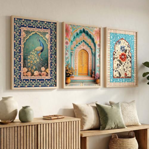 Image of kotart Madhubani Home Decoration Painting | Vastu Peacock Paintings With Frame For Living Room Bed Room Hotel Wall Decor Digital Reprint Set of 3 (19X25 inch)