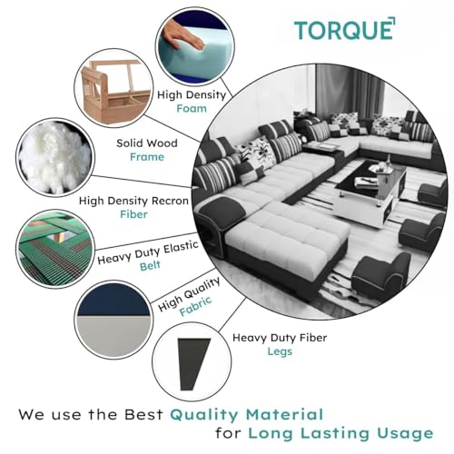 Image of Torque - Galster 12 Seater Sofa Set for Living Room (Left Side, Brown & Beige) | U Shape Sectional Sofa Set with Cup Holder & Storage with 4 Puffy | 1 Years Warranty