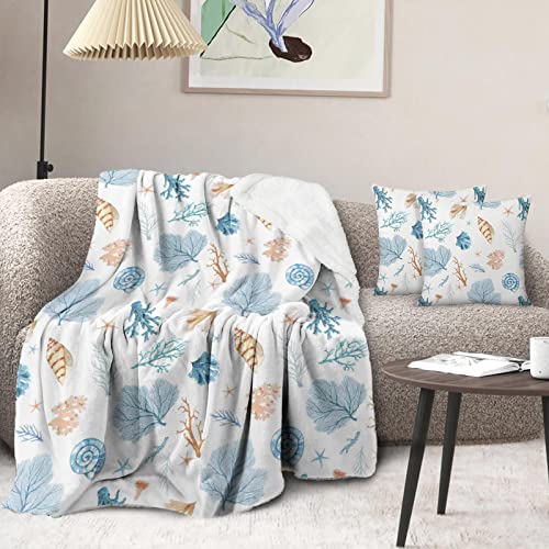 Coastal Sherpa Throw Blankets Seashell Beach Nautical Themed Winter Bed Blanket Cozy Bedroom Decor Gift Blanket 50X60 Inch With 2 Pillow Covers #TOP9