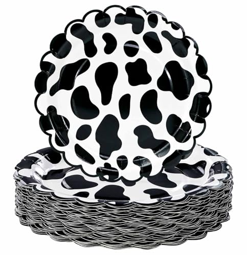 HEIPINIUYE 50 Pieces Cow Print Paper Plates 7 Inch Black and White Scalloped Plates Disposable Dinner Plate for Farm Cow Themed Party Birthday Baby Shower Dessert Plate