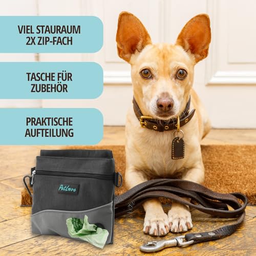 PetLove Leckerlibeutel für Hunde • Futterbeutel mit Magnetverschluss • Inklusive Kotbeutelspender & verwendbar als Bauchtasche • Grau