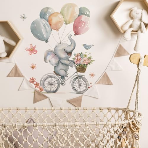 Image of Baby Elephant with Balloons Wall Stickers for Kids Baby Wall Stickers for Kids Room Bedroom Playroom Nursery Living Room Decor Wall Art Wall Decoration Boho