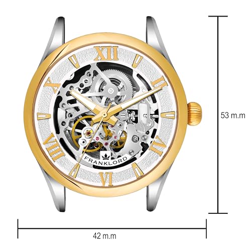 Image of Franklord Self Winder Skeleton Mechanical Automatic Watch For Men | Analog, Round Gold Dial | Black Leather Strap | Premium Luxury Wrist Watch For Men & Boys