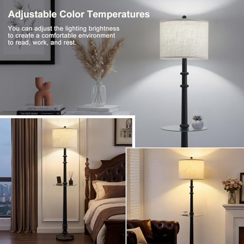 Image of EJIAXIN Floor Lamps for Living Room - 60 inch Farmhouse Floor Lamp with Adjustable Color Temperatures - Vintage Standing Lamp Reading Light - Retro Tall Lamp with Table for Bedroom Office, Rustic Black