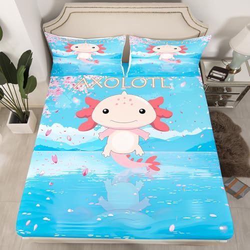 Cartoon Axolotl Kids Fitted Sheet Twin Size,Pink Cherry Blossom Bed Sheet 2Pcs,Boys Girls Bedroom Decor,Ocean Theme Deep Pocket Sheet,1 Pillowcase