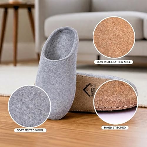Image of Wool Felt Mule Slippers for Women & Men, Handmade 100% Natural Wool Backless House Shoes with Premium Suede Sole, Warm Breathable Indoor Slip-On