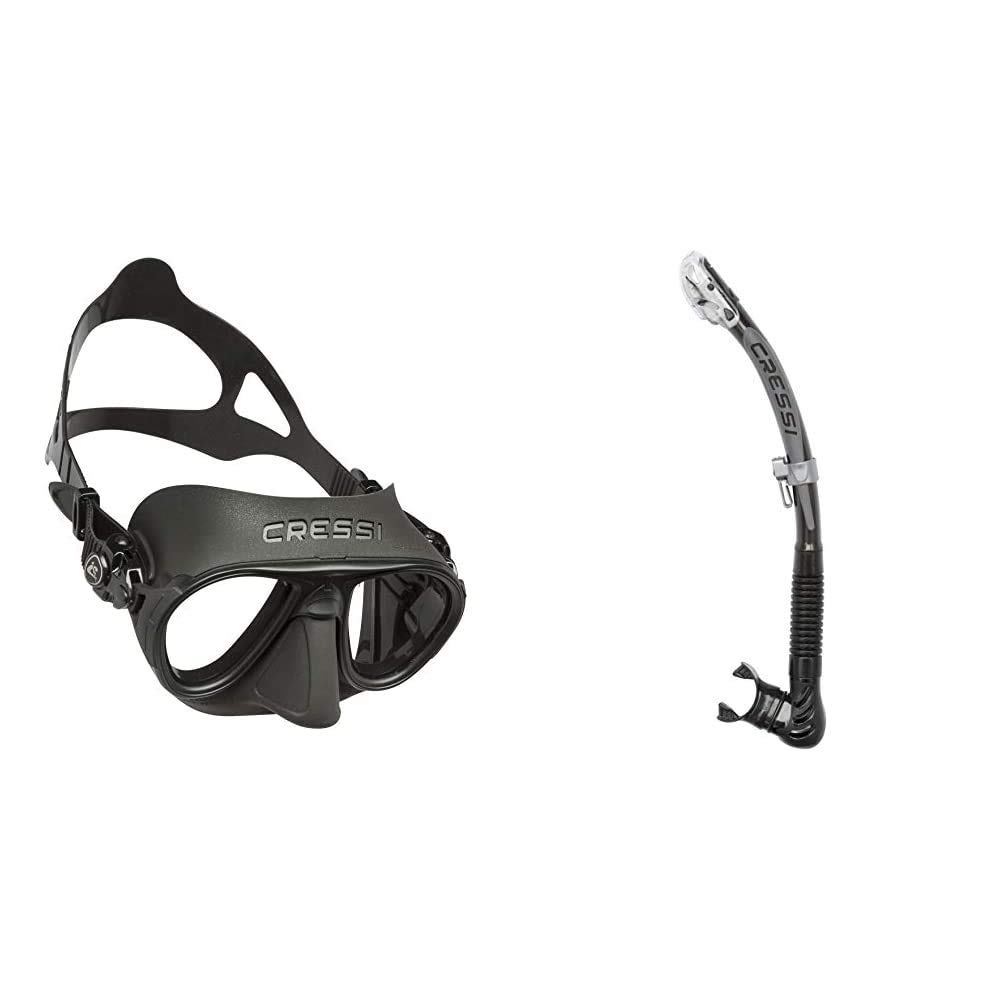 Cressi Calibro Máscara polyvalent para Buceo, apnea Avanzada y submarina Fishing, Unisex Adulto, Negro, Talla única + Epsilon SPE Alpha Ultra Dry Snorkel de Silicona Unisex, Negro/Negro, Talla única