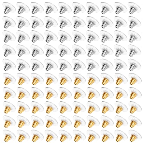 100 peças brincos porcas de silicone, 50 douradas e 50 prateadas, plástico hipoalergénico tipo bala de embalagem, ideal para segurança dos aros, tampões macios e confortáveis para aros e brincos