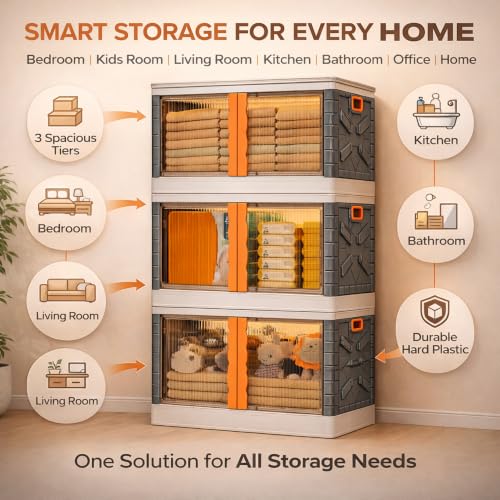 Image of BAMEOS ๐ ๐๐๐๐๐ Foldable Plastic Storage Cabinet with Double Transparent Doors | Dustproof Storage Organizer for Clothes, Toys, Books & Baby Essentials | Multipurpose Wardrobe Storage for Home