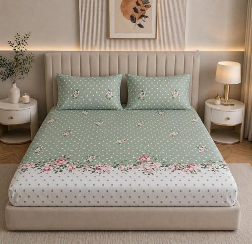 Image of Castiqa Elastic Fitted Supersoft Premium Polycotton 200TC Queen Size Bedsheets with 2 Pillow Covers (Fits Upto Mattress of 8Inches) (Queen (60x78), Green Floral)