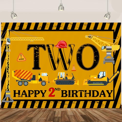 Décoration photo anniversaire thème construction avec toile jaune de 2,1x1,5m