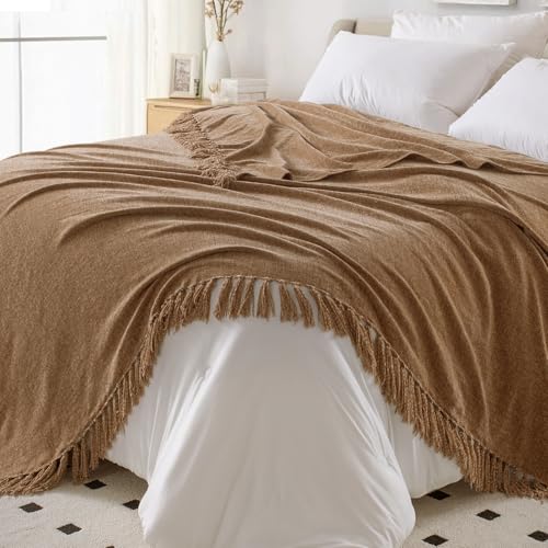 KASENTEX Chenille Bed Blanket Queen Size, Brown Throw Blanket with Fringe Tassel for Bed Sofa Chair, Lightweight Knitted Decorative Farmhouse Boho Blanketss for Gift (Brown, 90" x 90") Brown