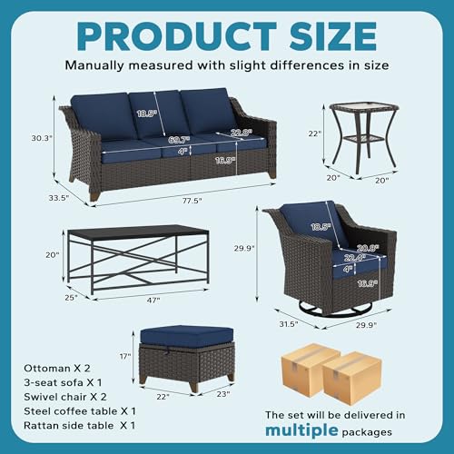 Image of 7 Pieces Outdoor Conversation Furniture Set - 77 inch Patio Sofa, 2 Swivel Rocker Chairs, 2 Ottomans, 1 Side Table, 1 Metal Table, Wicker Couch with Washable Cushions for Balcony (Navy Blue) | Patio Chair Set with Olefin Removable Cushion, All-Weather Outdoor Couch with Deep Seat for Porch, Deck and Backyard, Blue