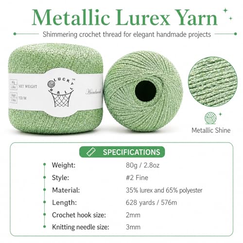 Image of 2PCS Metallic Crochet Thread Yarn for Crocheting,Lurex Thread Round Band Yarn with Sparkle Shine for Clothes, Car Charm, Keychain Charm(Light Green)