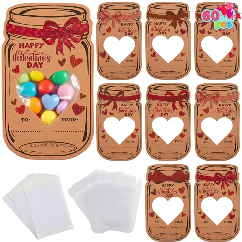 JOYIN 60 Pcs Valentine's Day Mason Jar Greeting Cards with Stand-Up Plastic Treat Bags, 6 Designs 5.9'' Bulk Valentine Candy Holder Cards, Classroom Exchange, Card Party Favor (Candy Not Included)