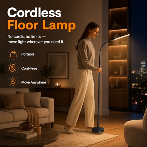 Image of Cordless Floor Lamp Rechargeable, 15W Bright LED Floor Lamp with 8000mAh Battery, Dual Head Gooseneck Standing Lamp, 3 Color Temperatures, Stepless Dimming Battery Floor Lamp for Bedroom Office