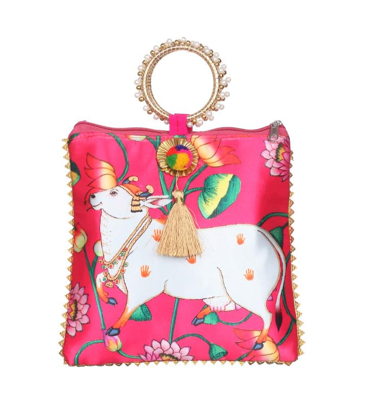 Sainik's Cow Print Wedding Return Gift for Women Wholesale Bridal Traveling potli Bag with Zipper for Ladies Baby Shower Shagun Purse Gifting Haldi Mehandi for Girl (25CMX23CM) 1