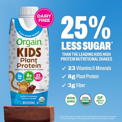 Image of Orgain Organic Kids Nutritional Vegan Protein Shakes, Chocolate - Healthy Kids Snacks, 8g Plant Protein, 23 Vitamins & Minerals, 3g Fiber, No Dairy & Soy, Non-GMO, 8 Fl Oz, 12 Pack, Packaging May Vary