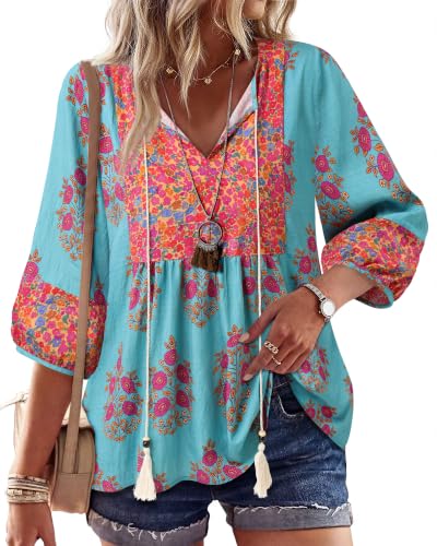 Image of Vivilli Womens Summer Boho Babydoll Tops 3 /4 Sleeve Pleated Peplum Blouses Casual V Neck Tie Front 2026 Tunic Tops