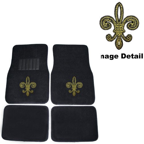 LA Auto Gear Fleur de Lis French Cross Gold Gem Crystal Studded Rhinestone Car Truck SUV Front & Rear Seat Carpet Floor Mats - 4PC