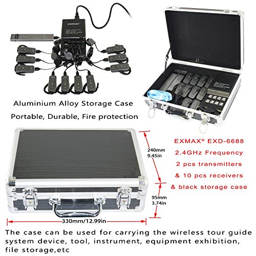 EXMAX EXD-6688 Sistema de Transmisión de Voz de Audio Inalámbrico 2.4Ghz Portátil con 2 Transmisores, 10 Receptores y Base de Carga USB de 16 Puertos con Estuche Negro miniatura 2