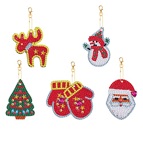 DCIDBEI DIY Diamond Painting Porte Clés,5 pièces Noel Cartoon Keychain,Tableau Strass Diamant Cartable Pendentif Sac Fille garçon Souvenir Cadeau,loisirs créatifs adultes deco(Noel Accesoires)