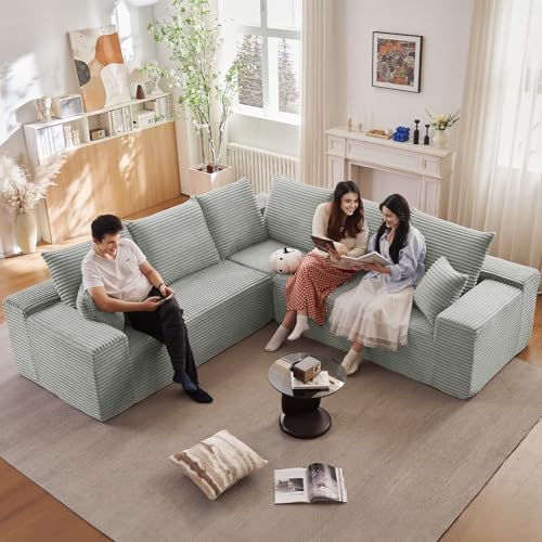 Image of Oversized Modular Sectional Sofa Couch, Large 5 Seater Corner Sofa Modern V Shaped Sectional Couch Cloud Couches for Living Room, Office, Spacious Space, Corduroy, No Assembly Required, Light Grey