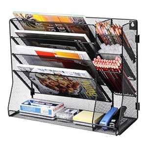 Desk Organizer, 5 Tier Hanging Wall File Holder Letter Paper Tray Storage Rack Office Organization Stand with 3-Slot Pen Holder, Black