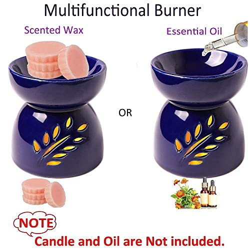 Classic Leaf Carving Blue Ceramic Essential Oil Burner Candle Tea Light Candle Holder Fragrance Essential Wax Burner, Great Candle Lamps Decoration For Living Room, Balcony And Garden #TOP3